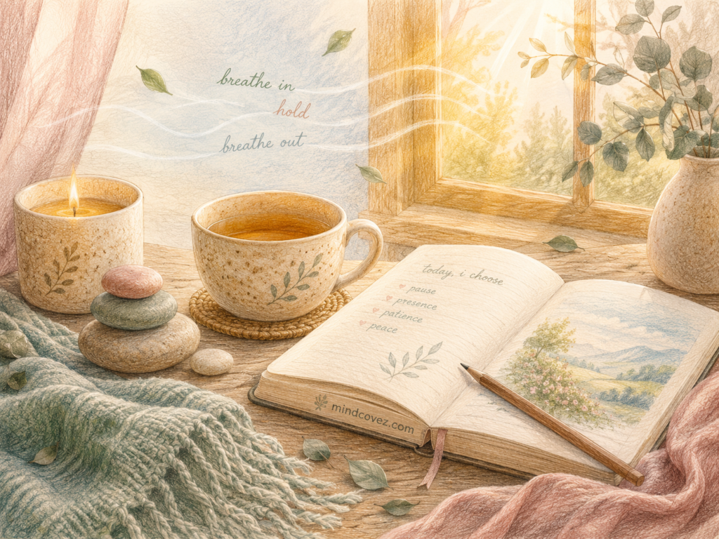 Grounding objects including tea, journal, candle, stones, soft fabric, and sunlight for a gentle nervous system reset routine.