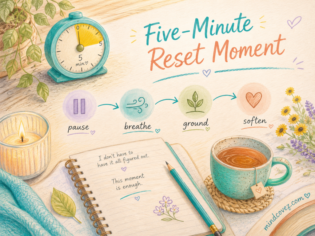 Five-minute nervous system reset routine illustrated with a timer, pause symbol, breathing cue, grounding icon, journal, tea, and candle.