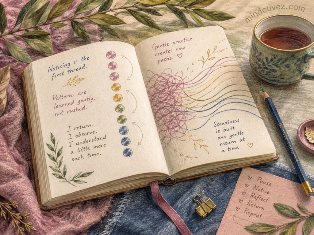 Open journal with untangling coloured threads, reflection notes, tea, leaves, and repeated marks symbolizing emotional pattern awareness in a nervous system reset routine.