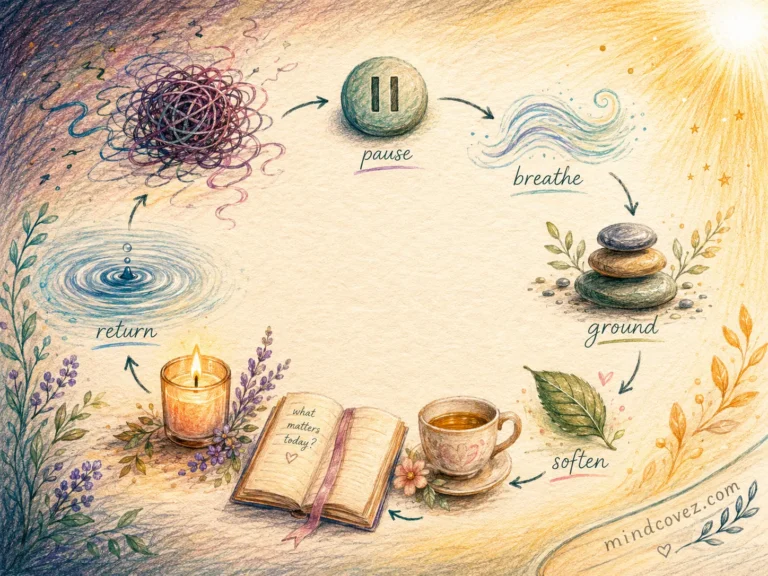 Illustrated nervous system reset routine cycle showing overwhelm, pause, breathe, ground, soften, and return through calming objects in a coloured pencil sketch style.