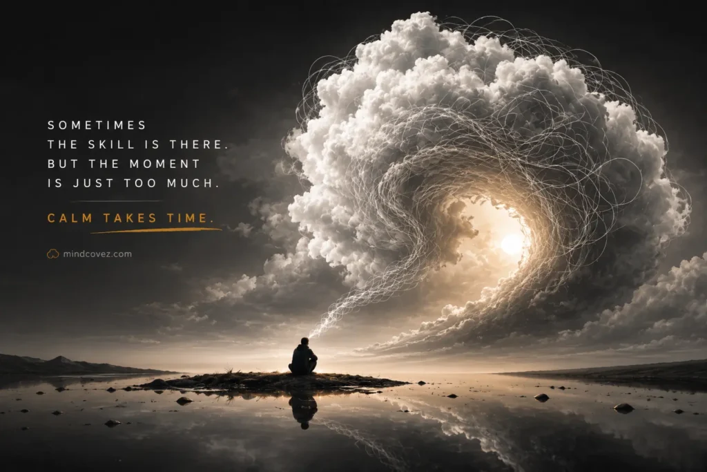 Person sitting beneath a dramatic swirling storm cloud representing emotional overload, with the quote "Sometimes the skill is there, but the moment is just too much. Calm takes time."