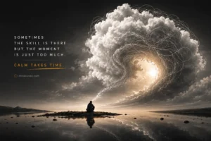 Person sitting beneath a dramatic swirling storm cloud representing emotional overload, with the quote "Sometimes the skill is there, but the moment is just too much. Calm takes time."
