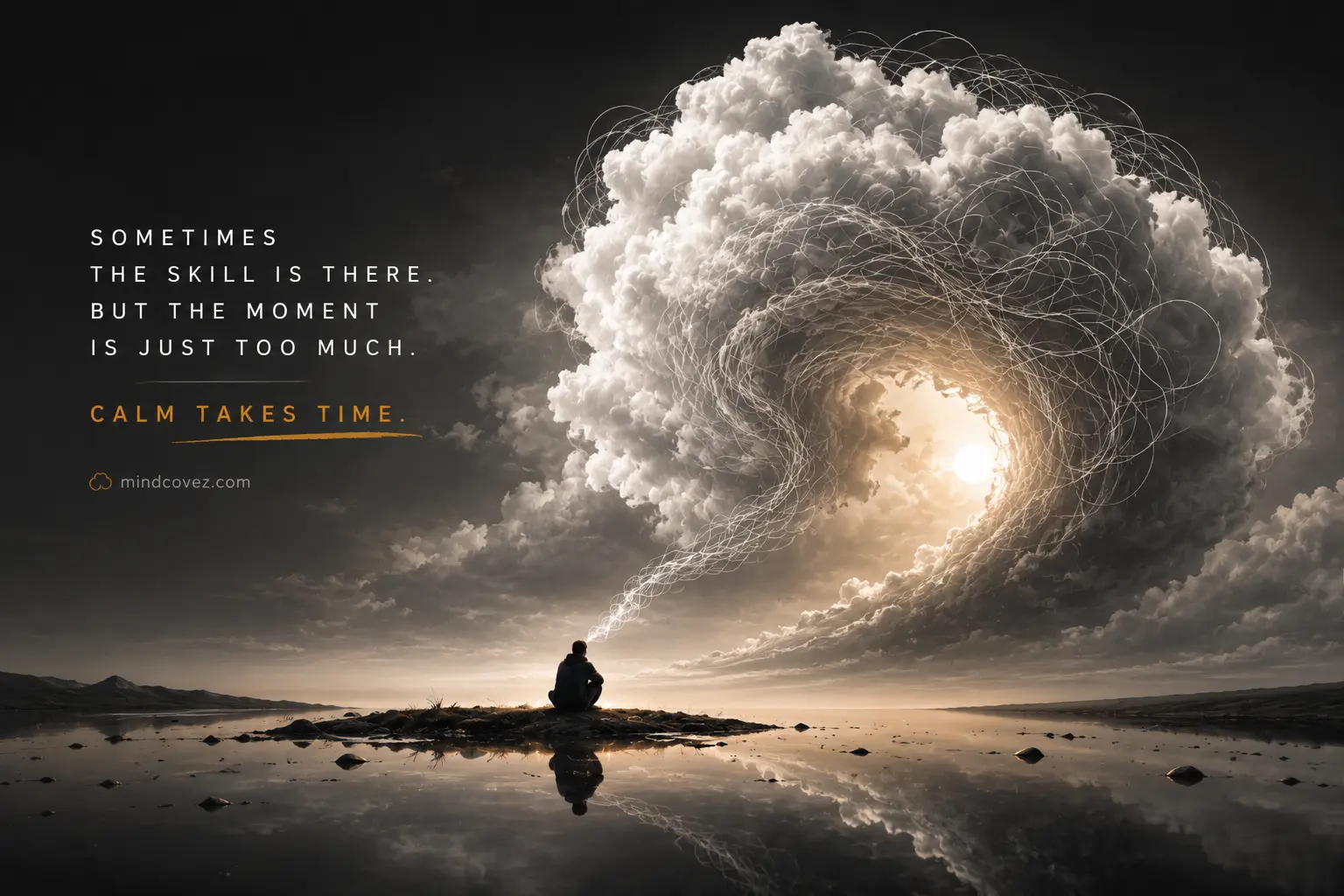 Person sitting beneath a dramatic swirling storm cloud representing emotional overload, with the quote "Sometimes the skill is there, but the moment is just too much. Calm takes time."