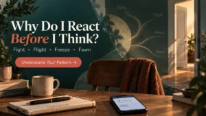 Abstract MindCovez featured image illustrating fight, flight, freeze and fawn through an empty chair, open doorway, phone message and branching paths.
