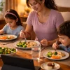 A mother eats a balanced meal at home while her children mimic her smaller portions, symbolizing mindful eating, accountability, and food freedom.