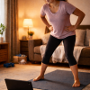 A mother stands barefoot on a yoga mat at home during her first online fitness class, facing a tablet placed in front of her.